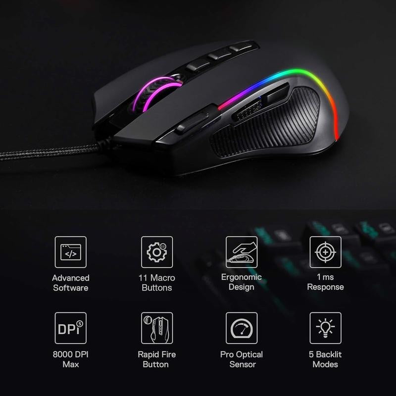 RGB Gaming Mouse, 8000 DPI Wired Optical Gamer Mouse with 11 Buttons & 5 Backlit Modes