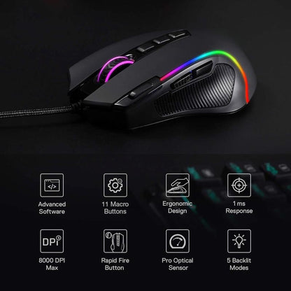 RGB Gaming Mouse, 8000 DPI Wired Optical Gamer Mouse with 11 Buttons & 5 Backlit Modes