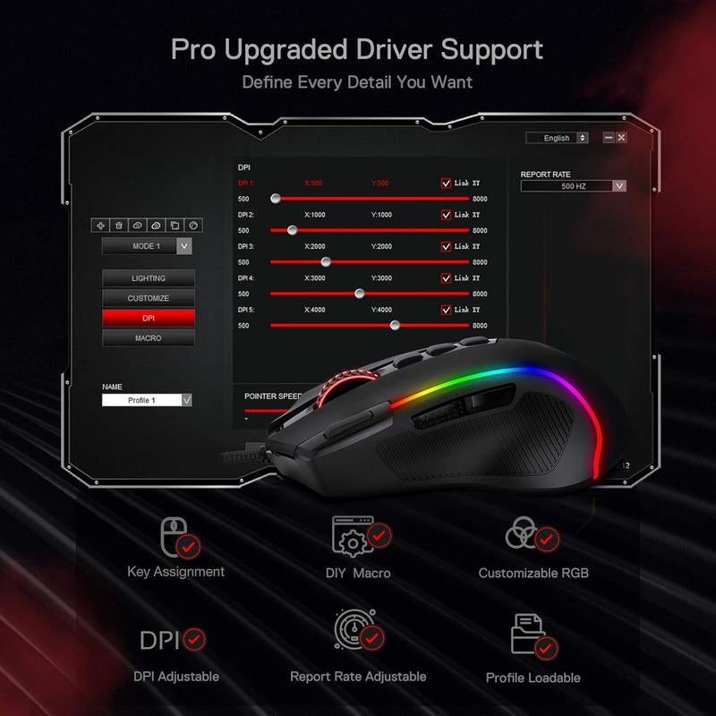 RGB Gaming Mouse, 8000 DPI Wired Optical Gamer Mouse with 11 Buttons & 5 Backlit Modes